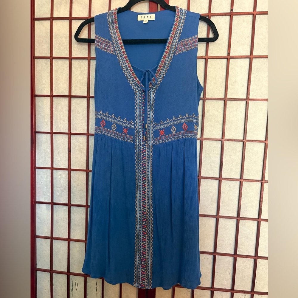 THML Blue and Gold Embellished Sleeveless Midi Sundress